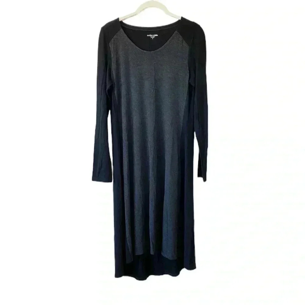 Eileen Fisher Black Grey Long Sleeve Dress Small Two Tone Stretch Minimalist